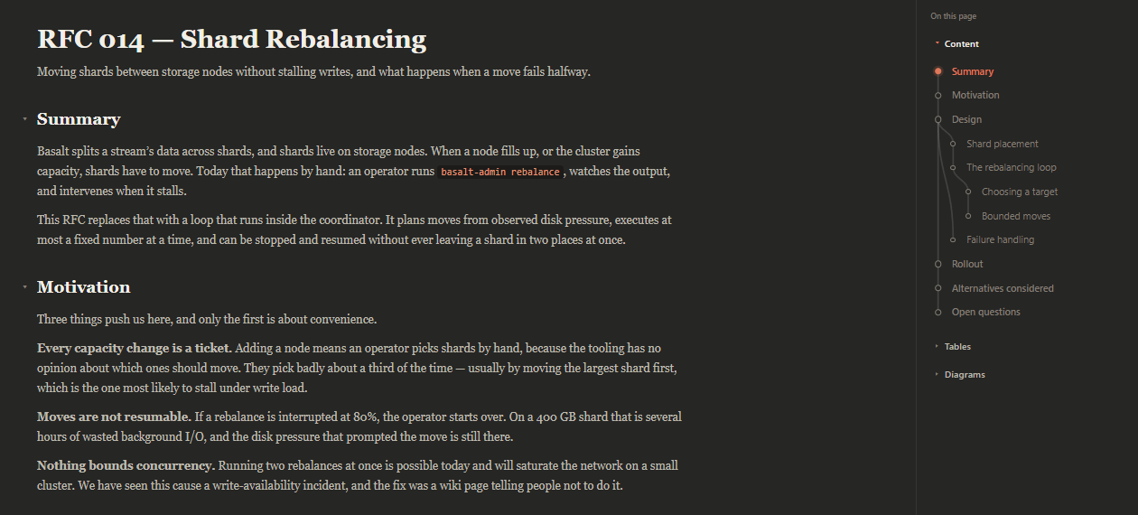 graphite.md preview of an engineering RFC, showing the document title, summary and motivation beside the outline panel.