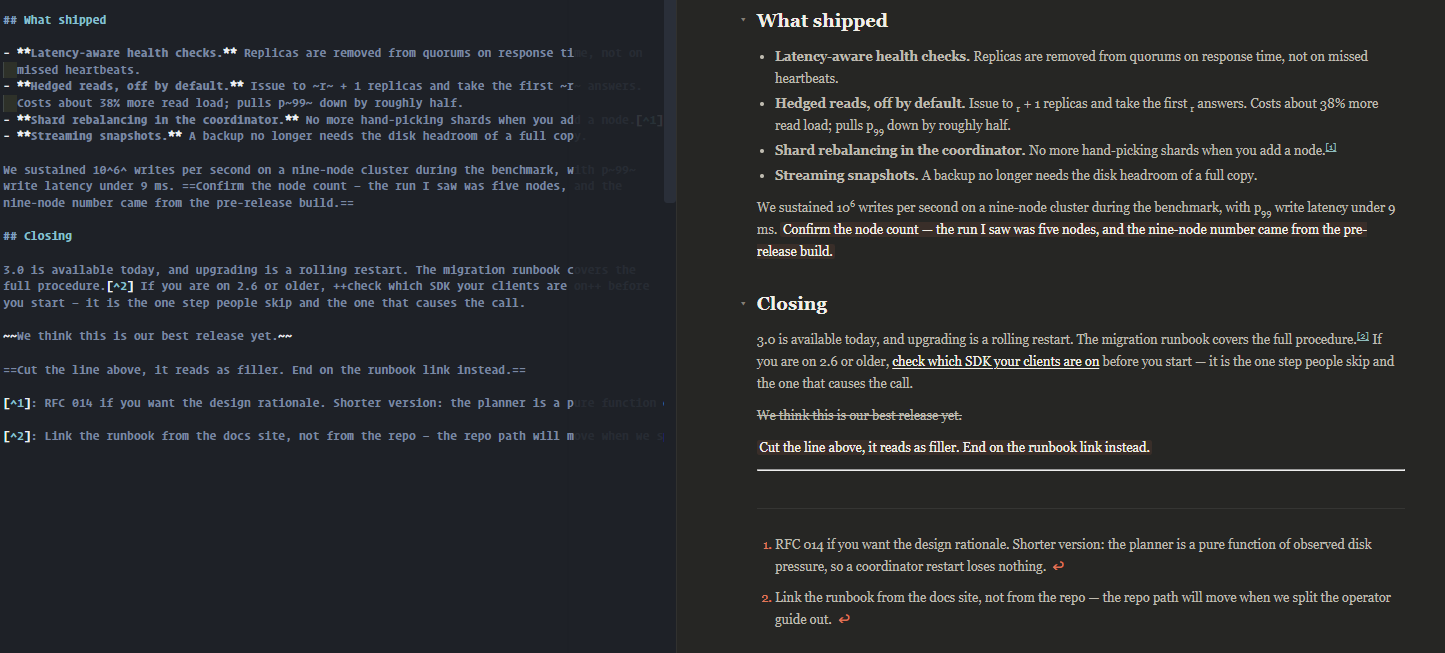 A split view of a launch post being edited: strikethrough, highlight and underline markup in the source on the left, rendered in the preview on the right, with two footnotes below.
