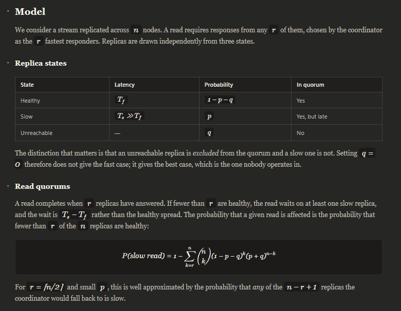 A paper section showing a table of replica states with inline math, and a display equation for the probability of a slow read.